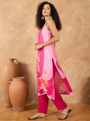 Varanga Women Spaghetti Strap Straight Floral Kurta With Trousers